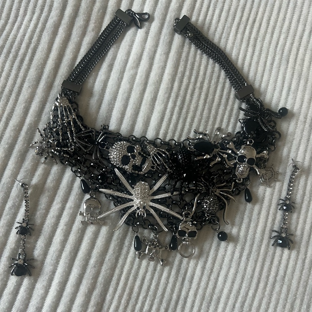 Gothic Black and Silver Necklace with Earrings
